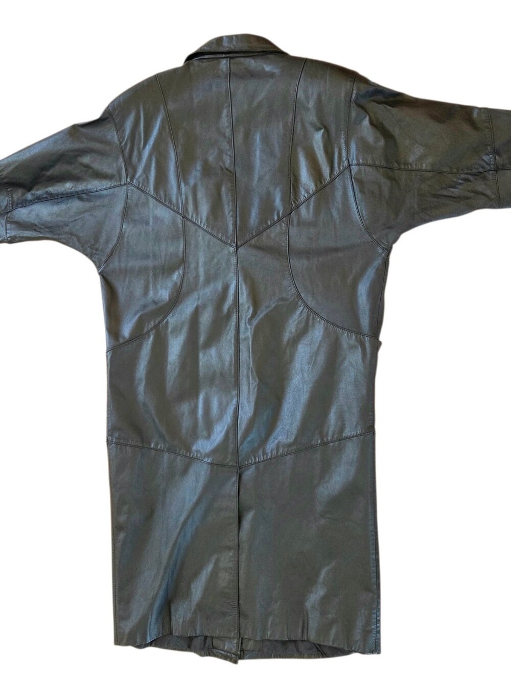 Vintage Long Leather Black Trench Coat Duster Pelle New York-Milano L STUNNING - Picture 7 of 16